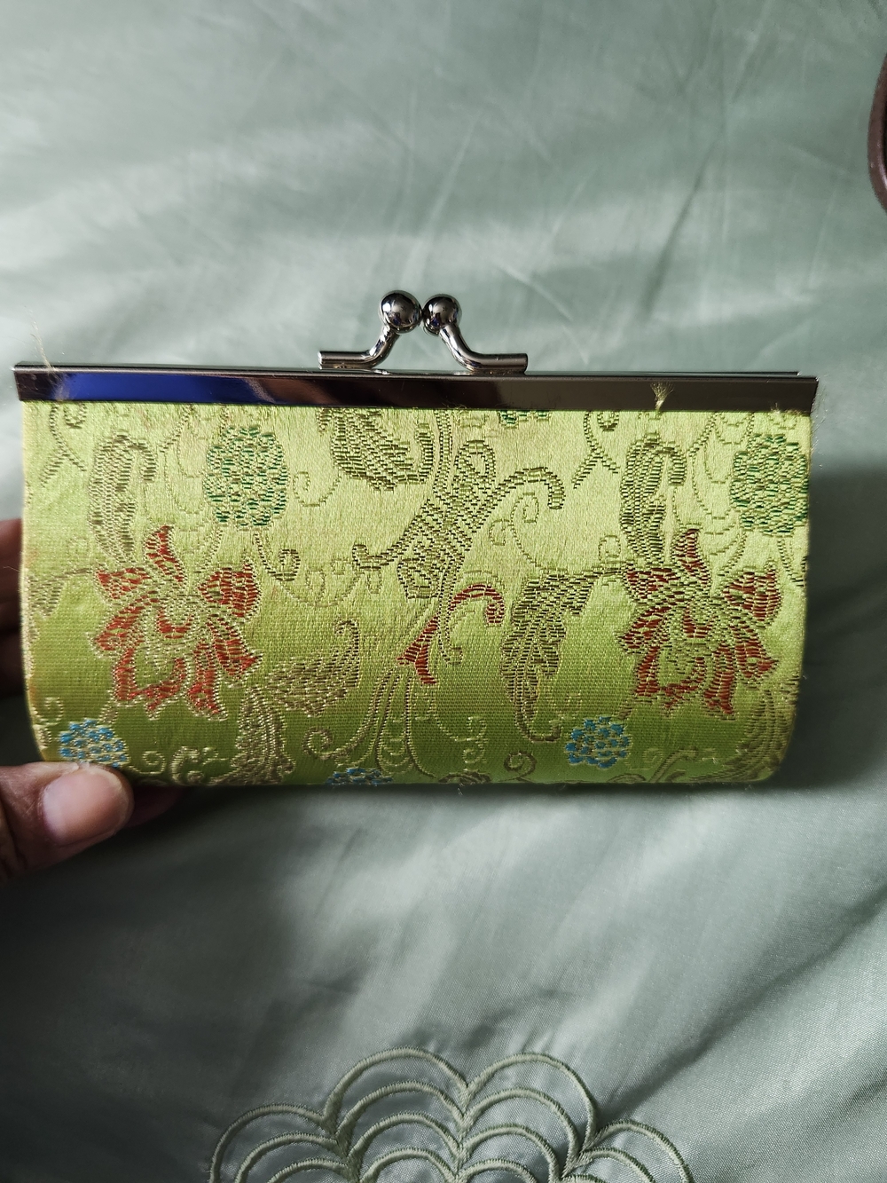 Green Brocade Floral Clutch Wallet